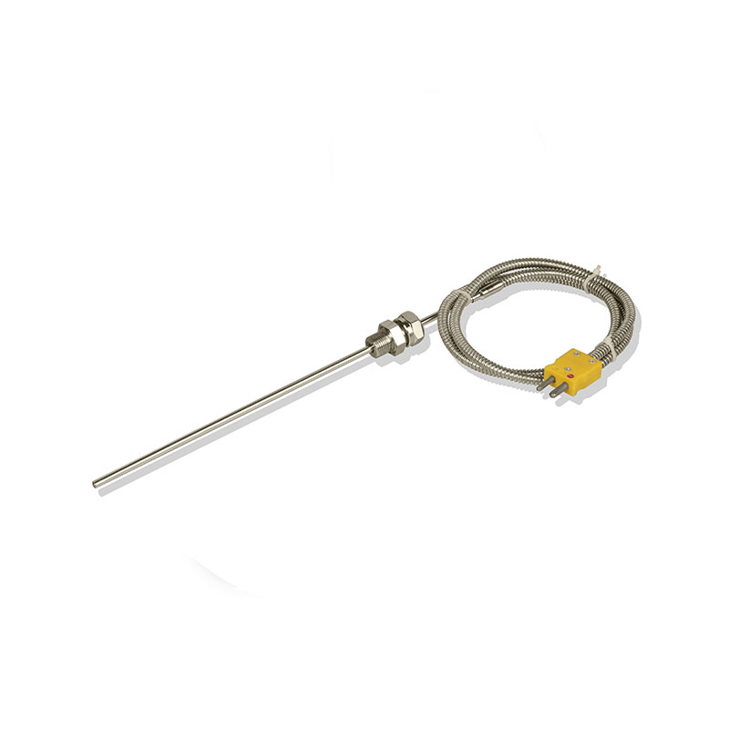 Thermocouple with flexible metal conduit sheath and compression fitting